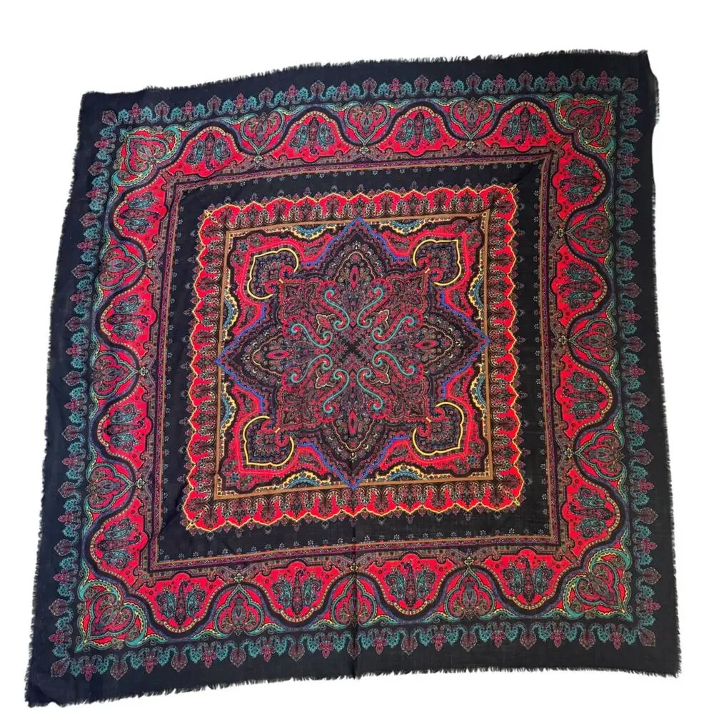 Vintage Specialty House Pure Wool Paisley Black Red Wrap Scarf Made in Italy